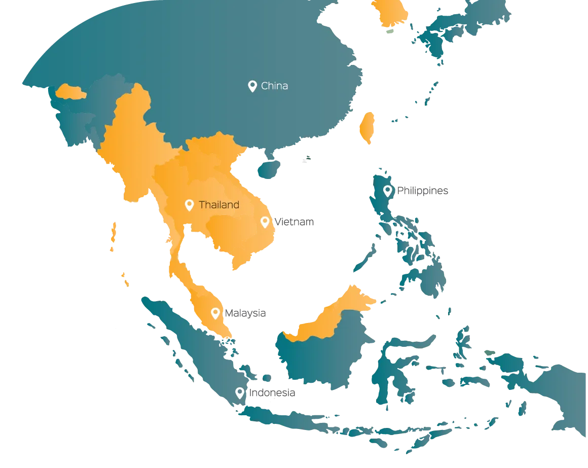 Map highlighting Zennov Industry's markets: Malaysia, China, Thailand, Vietnam, Indonesia and the Philippines